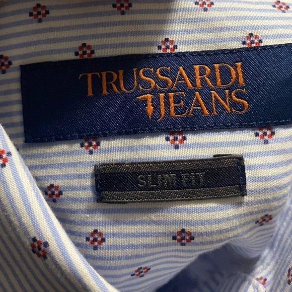 TRUSSARDI JEANS MEN’S LONG SLEEVE SHIRT BLUE & WHITE STRIPED  BUTTON DOWN S SLIM - Picture 7 of 11